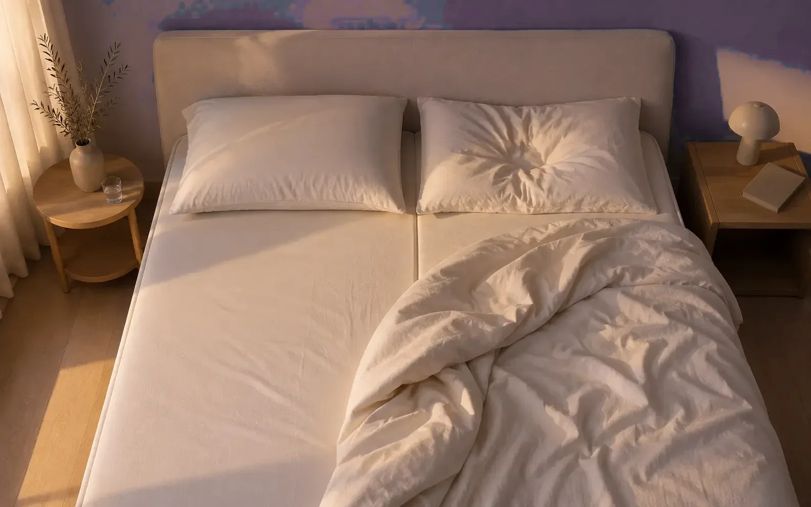 A shared bed at dusk